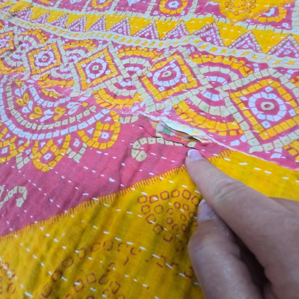 Kantha Throw Blanket Pink Yellow 52x43 Reversible Floral Geometric Boho‎ Cottage